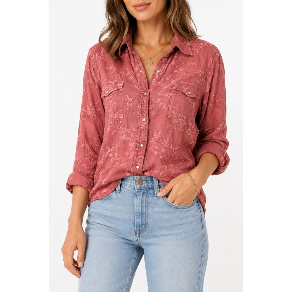 Floral Embroidered Silk Blend Button Up Shirt Women's Large Cottagecore